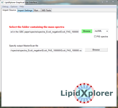 LipidXplorer Import Sourc panel